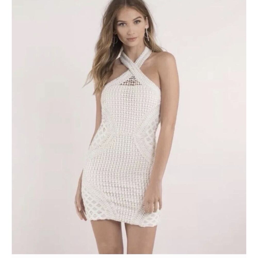 Tobi Bodycon Ivory Lace Crochet Overlay Halter Dress with Nude Slip S (AD3)